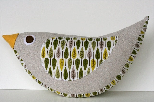 Katie Bird Pillow Natural Canvas and Woodland Leaves
