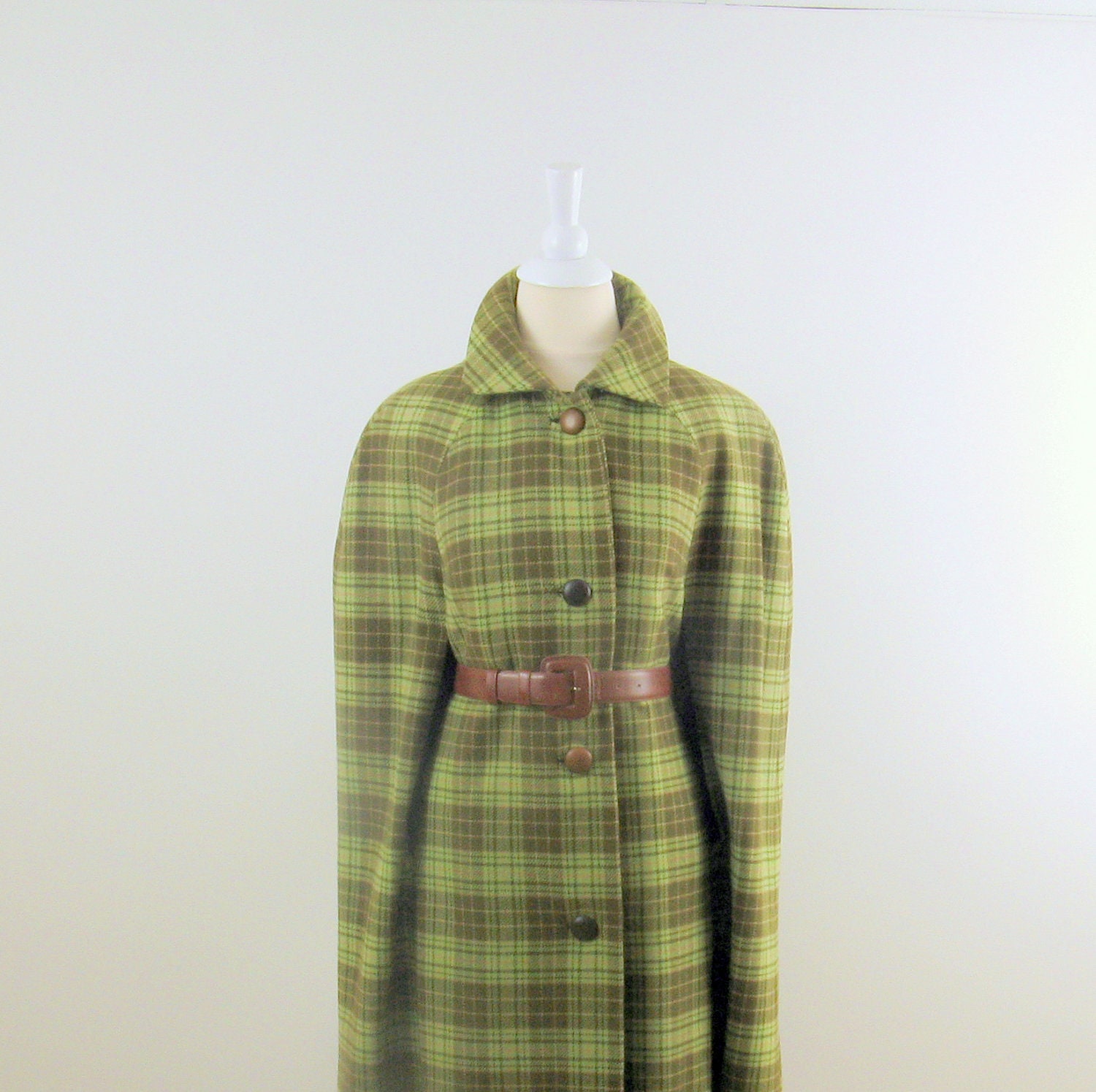 Vintage Wool Cape - 1960s Green Plaid - One Size by Habig Rodex England - TwoMoxie