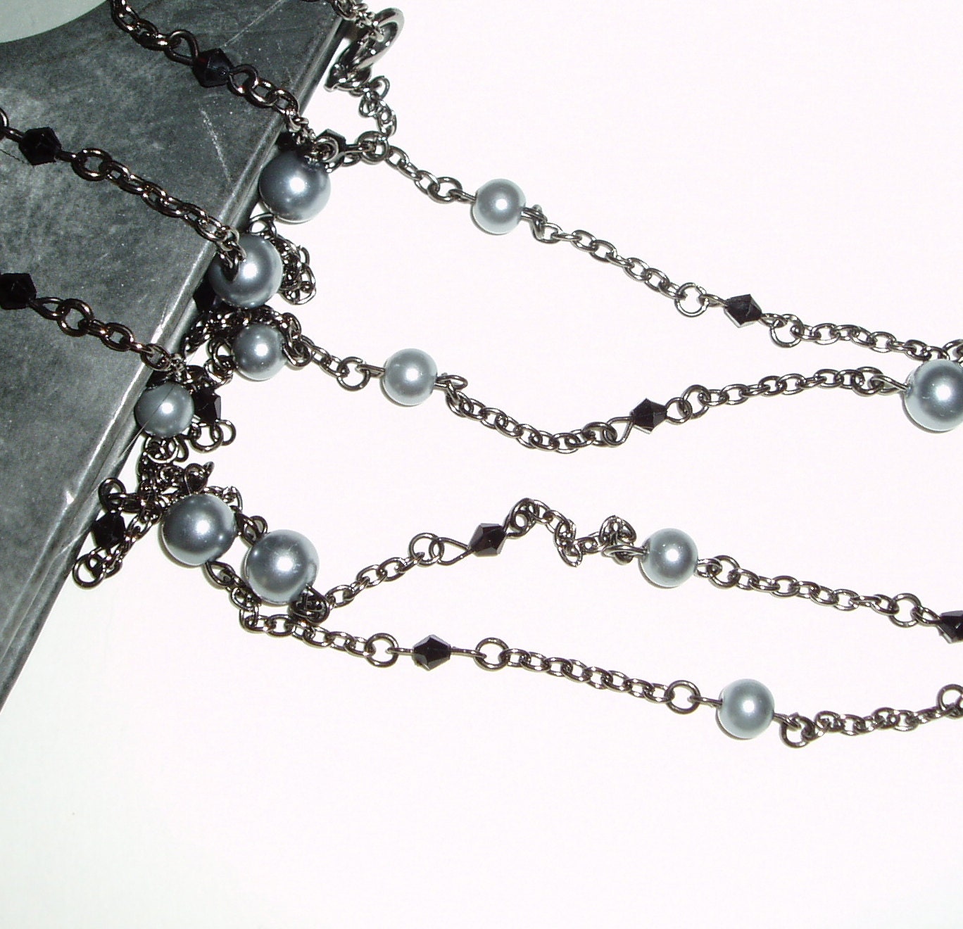 Long Gray and Black Necklace - Double Strand Gray and Black Beaded Necklace on Gunmetal Chain - ChathamsCrossing