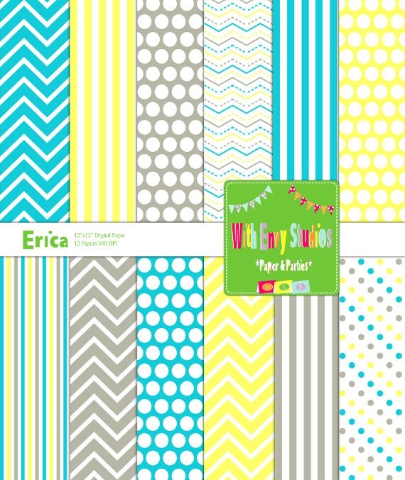INSTANT DOWNLOAD Digital Scrapbook Paper Set-Erica, light yellow, aqua, light grey Il_570xn