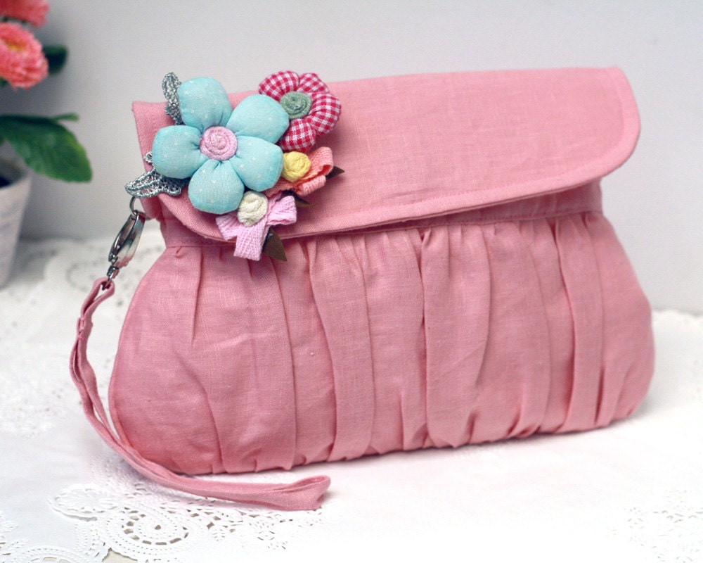 Pink Clutch, Shabby chic linen clutch with blue and pink flower