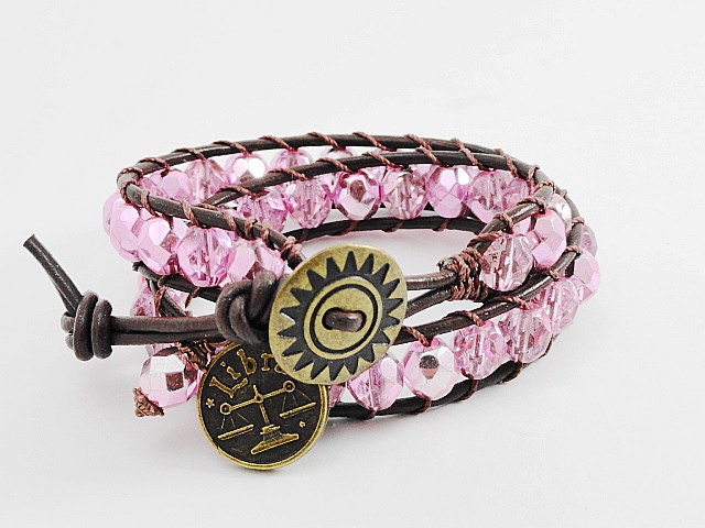 Leather Wrap Bracelet - birthstone bracelet - custom birthstone bracelet - Libra - Zodiac Astrology bracelet - pink beads on brown leather