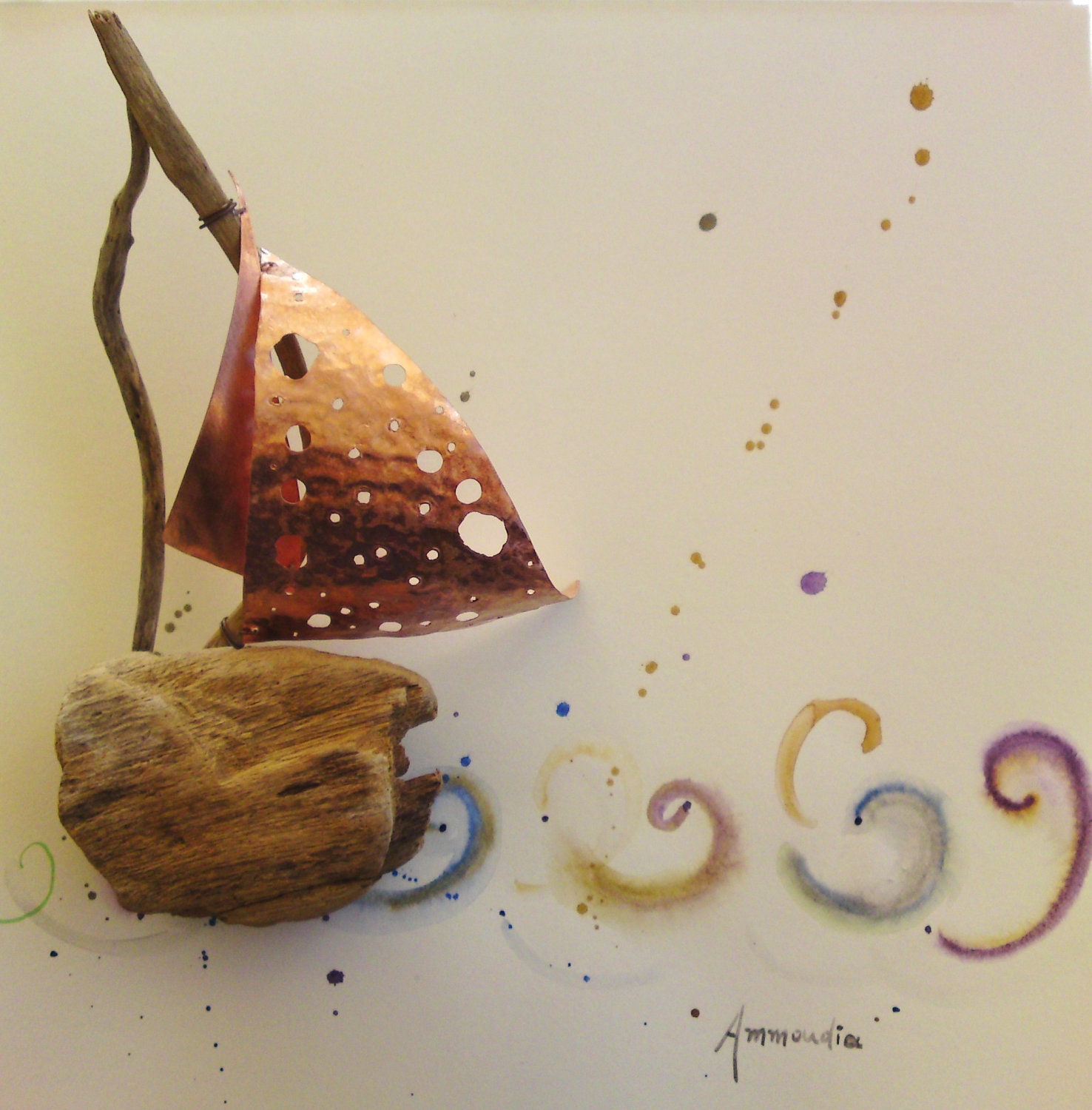 Driftwood art sailboat with two copper sails - wall hanging