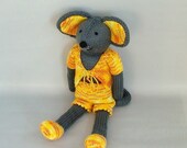 Knitted Gray Mouse- Hand Knit Animal Toy-Huggable Boy Mouse Doll- Stuffed- Softie-Kids-Knitted Plush Gift- Boys-Girls-Gray and Yellow Orange