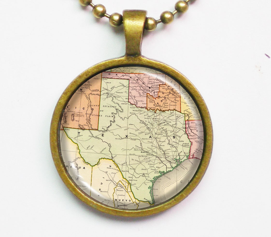 Texas Map Necklace - Vintage Map of Texas-Vintage Map Series