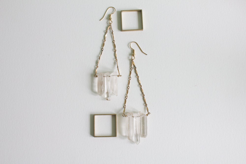 Raw Crystal Chevron Earrings - Quartz Crystal Chandelier Statement Earrings