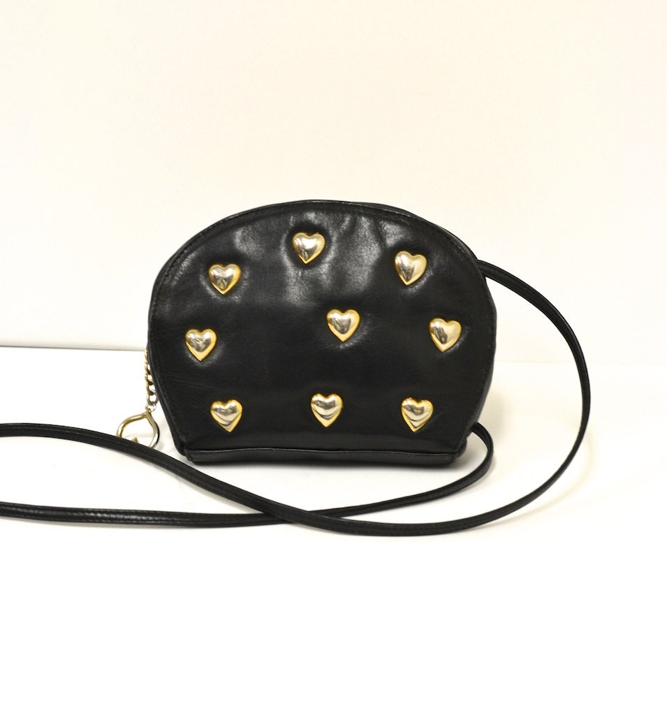 Vintage Gorgeous Black Leather Heart Studded Italian Designer Crossbody Bag