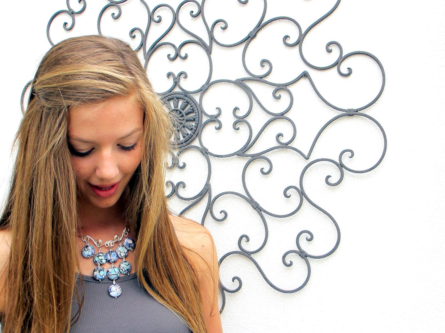 Purple Silver Bib Necklace Statement Wire Art Pastel Spring - elbowsdesigns