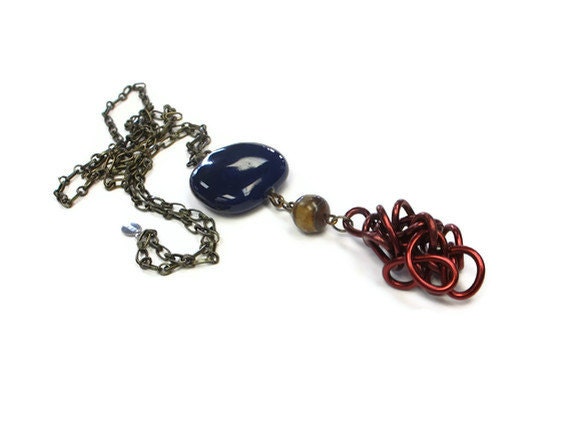 Long Bronze Navy Wine Necklace Abstract Wire Pendant Fall Fashion - elbowsdesigns