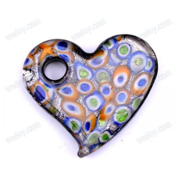 Murano Style Glass Silver Foil Peacock Feather Featured Heart Angled Pendant 50mm