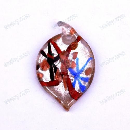 Murano Style Copper Foil Black Blue Red Leaf Pendant 46mm