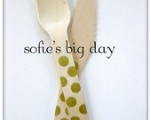 HAND STAMPED Utensils- Gold polka dot stamped Wooden Spoons or Forks- Personalized wooden forks or spoons- 25 count