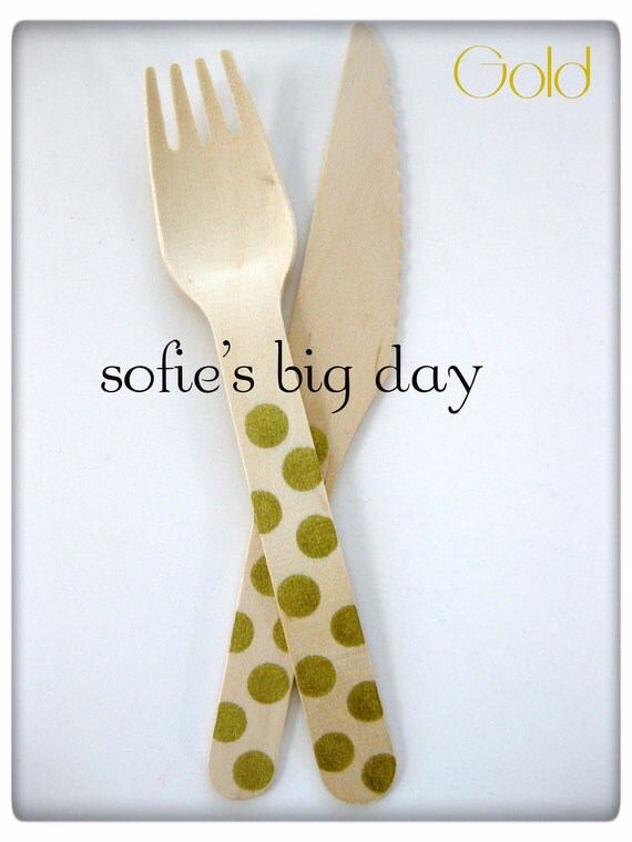 HAND STAMPED Utensils- Gold polka dot stamped Wooden Spoons or Forks- Personalized wooden forks or spoons- 25 count Il_570xn