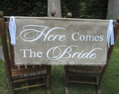 Burlap Here Comes The Bride Banner Rustic Wedding Sign Large