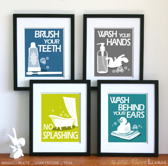 Bathroom Art Prints, Wash Your Hands, Brush Your Teeth, Wash behind your ears, No splashing, Pick 3 -custom colors- 5x7