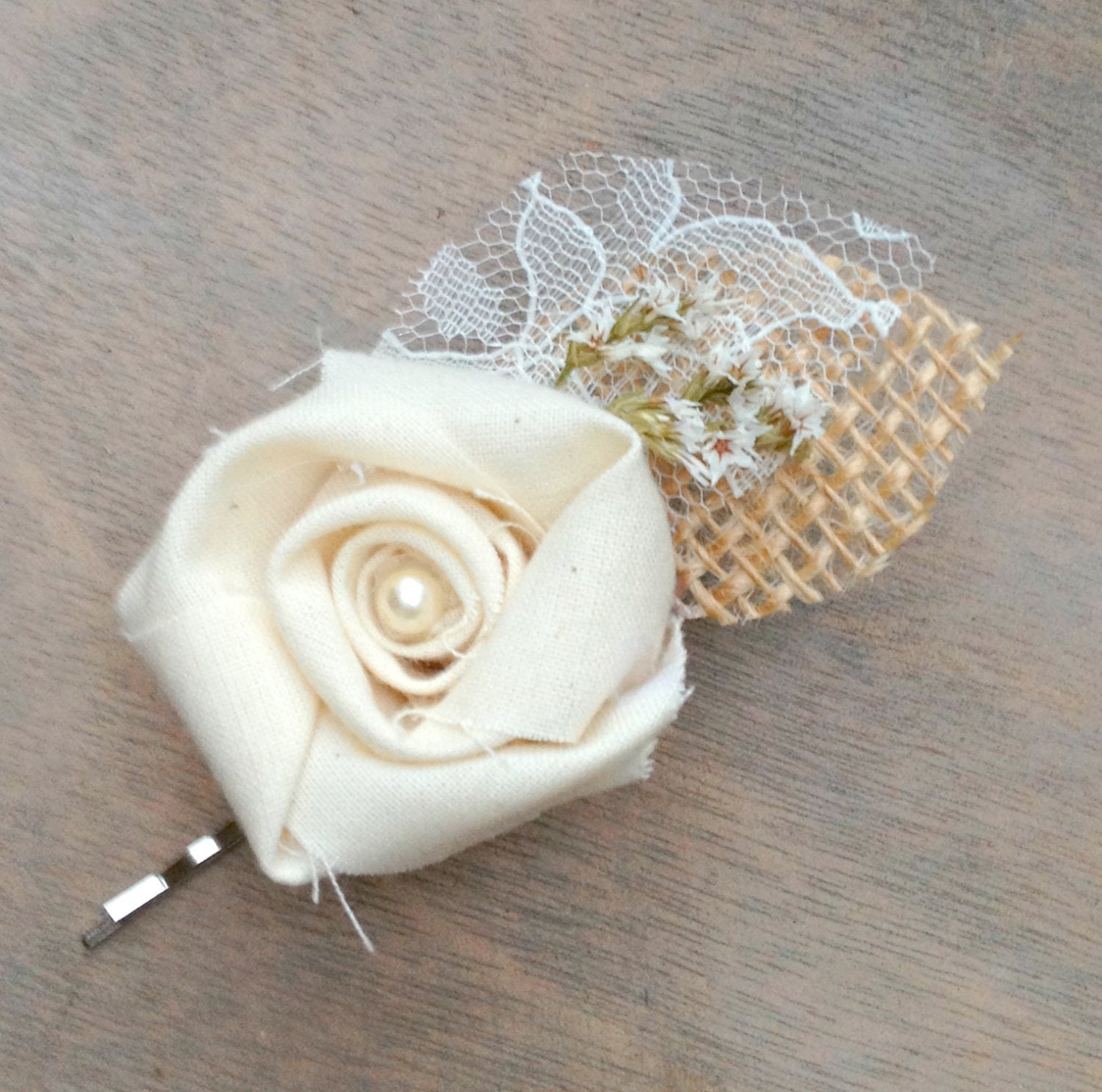 Rustic Cream Fabric Rosette - Wedding Hair Accessory - Natural Burlap Leaf, Ivory Lace Leaf, Soft White Wildflowers - Bobby Pin, Hair Clip