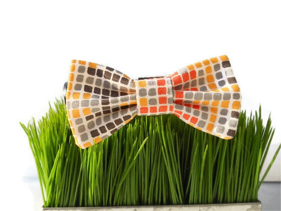 Dog bow tie... Orange,yellow, grey and brown mosaic print...From the "Woofstock" collection....