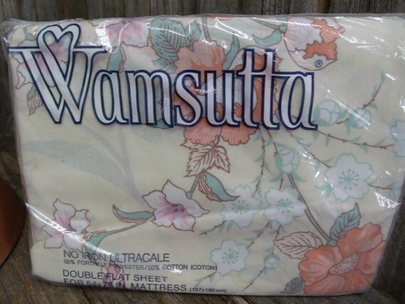Pretty Feminine Pale Yellow w Orange Flower Double FLat Wamsutta Sheet NOS