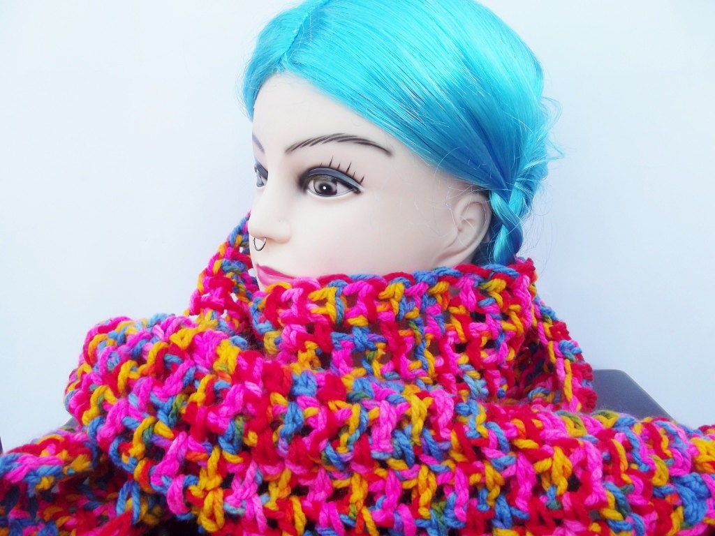 Rainbow Crochet Scarf In Bohemian Pink Rainbows, Long Gypsy Handmade  ' In Stock / Ready To Ship '