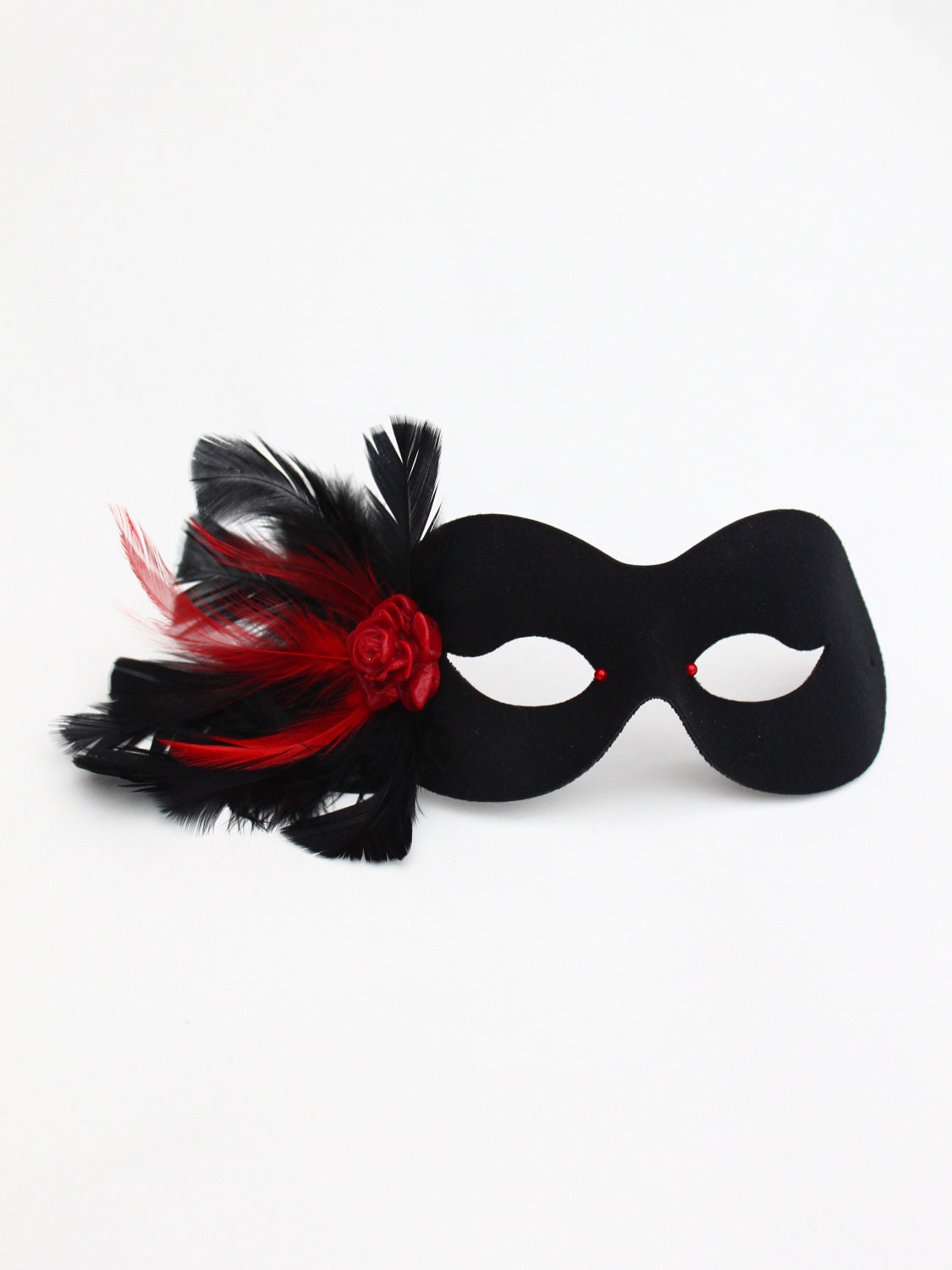 Red & Black Smalll Feather Rose Masquerade Eye Mask - masqueboutique