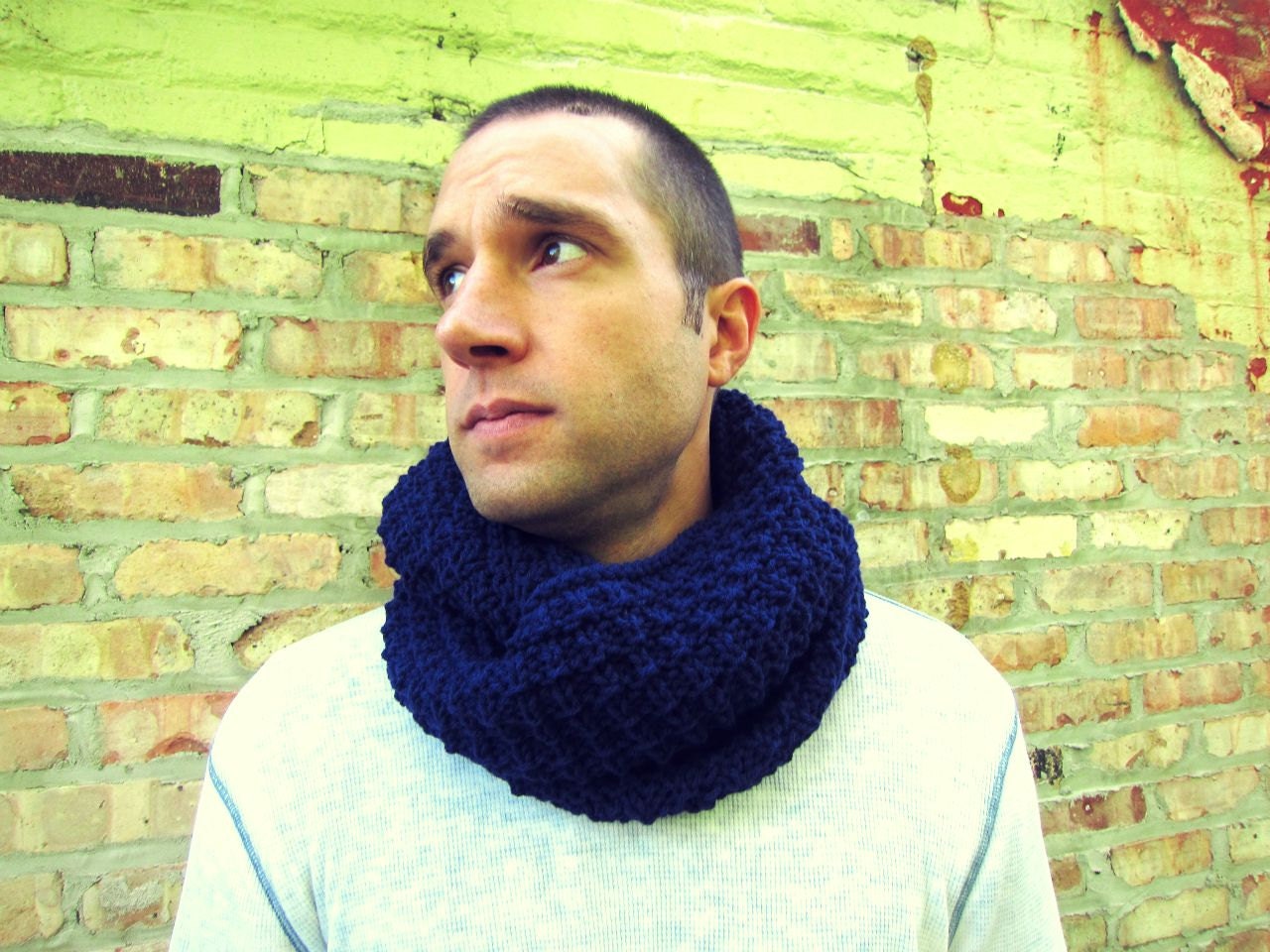 Blue Unisex Knitted Cowl Scarf  Mens Womens Navy Infinity Circle Loop Long Teens Spring Summer Winter Autumn