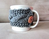 Cup Cozy Grey Knitted Mug Warmer Coffee Brown Button Loop Gray Tea Hot Cocoa Sleeve Cable Knit Crochet  - Made to Order