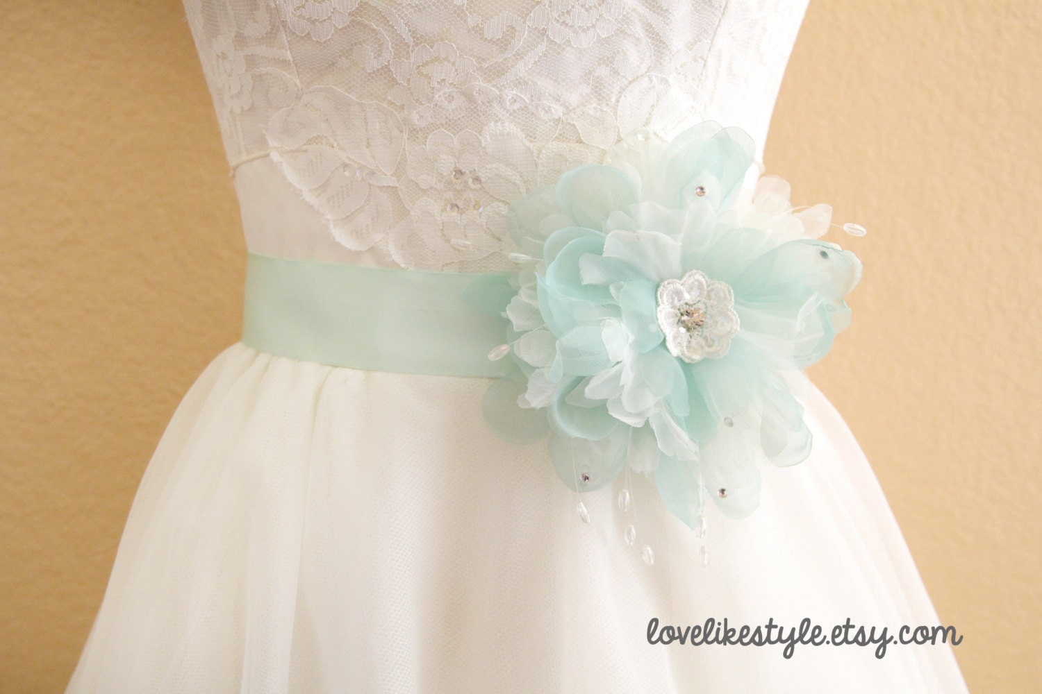 Mint Flower Sash, Bridal Peach Sash, Bridesmaid Peach Sash, Flower Girl Sash