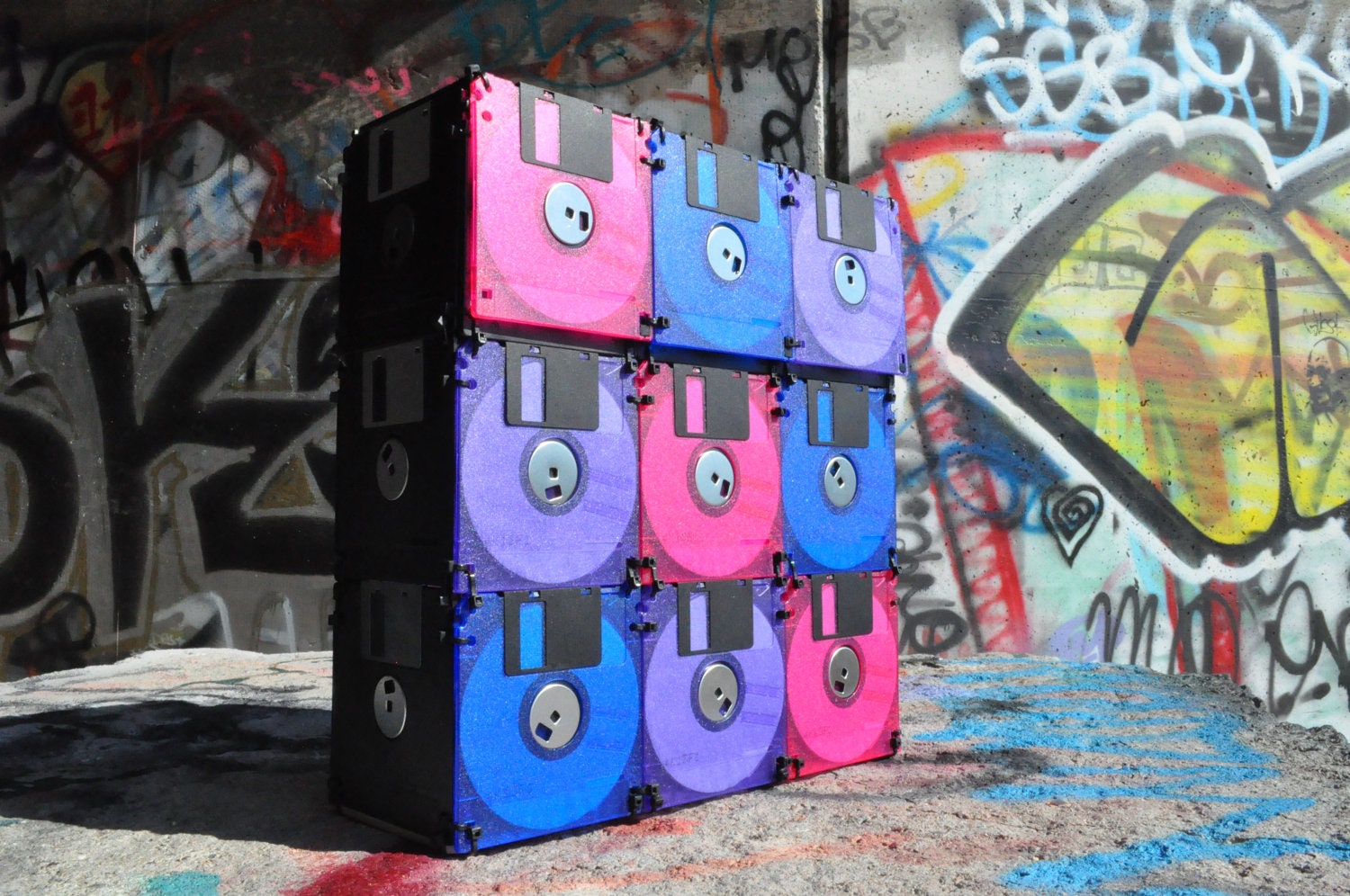 Purple, Pink, and Blue Floppy Disk Bag for the Eco-Chic Nerd or Geek