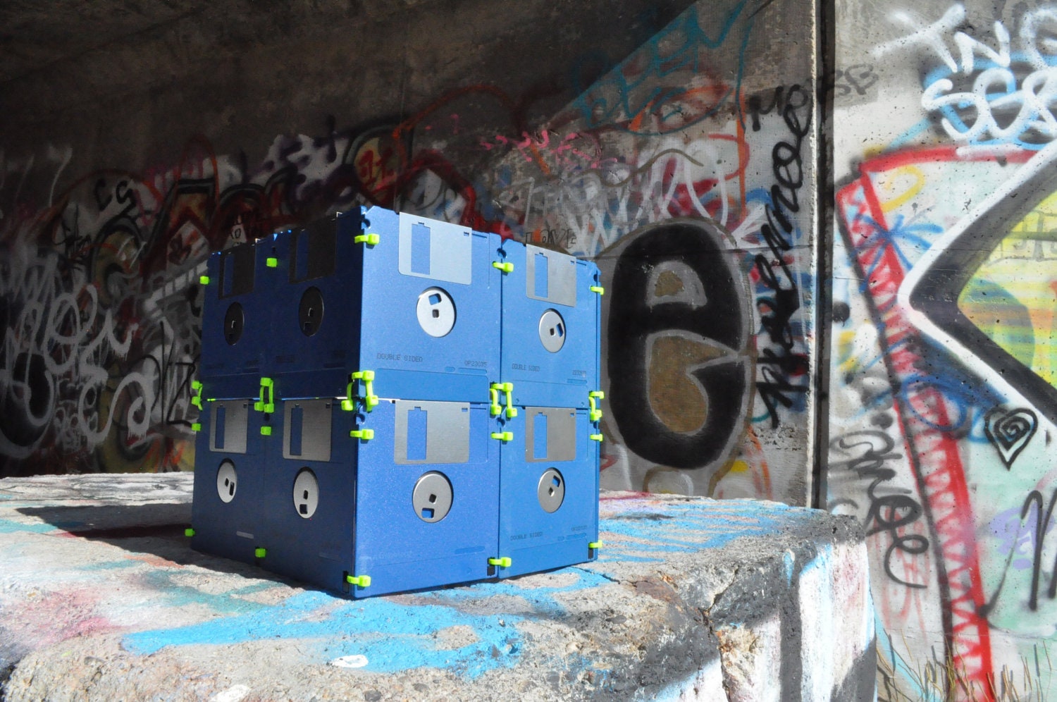 Blue Floppy Disk with Green Zipties Box for the Eco-Chic Nerd or Geek
