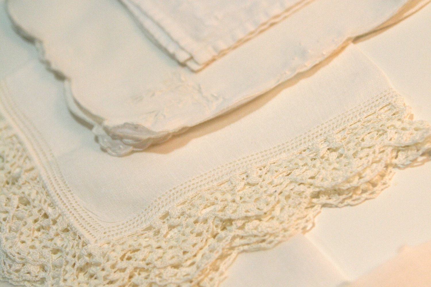 Vintage Set of 12  24 36 48 60 Simple White Cream Ivory Hankie collection for your tea party Napkins or party favors lot by the dozen
