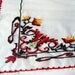 Rustic Art - Cross Stitch Red and Black Vintage Hand Embroidered Nylon Table Cloth - white, yellow, red, black flowers