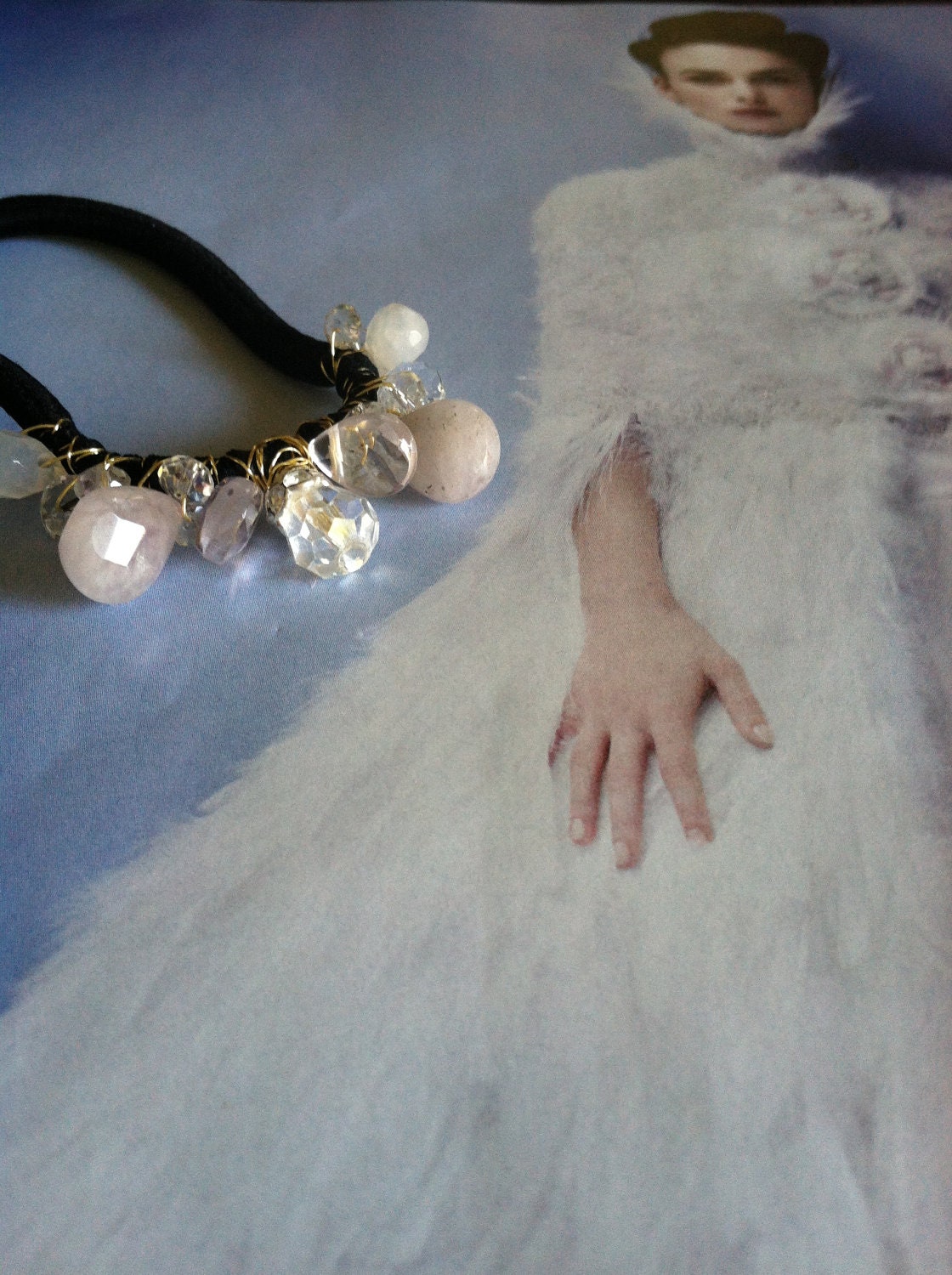 bridal hair accessory, Gemstone beaded  ponytail holder elastic band in amethyst nuggets and crystals.
