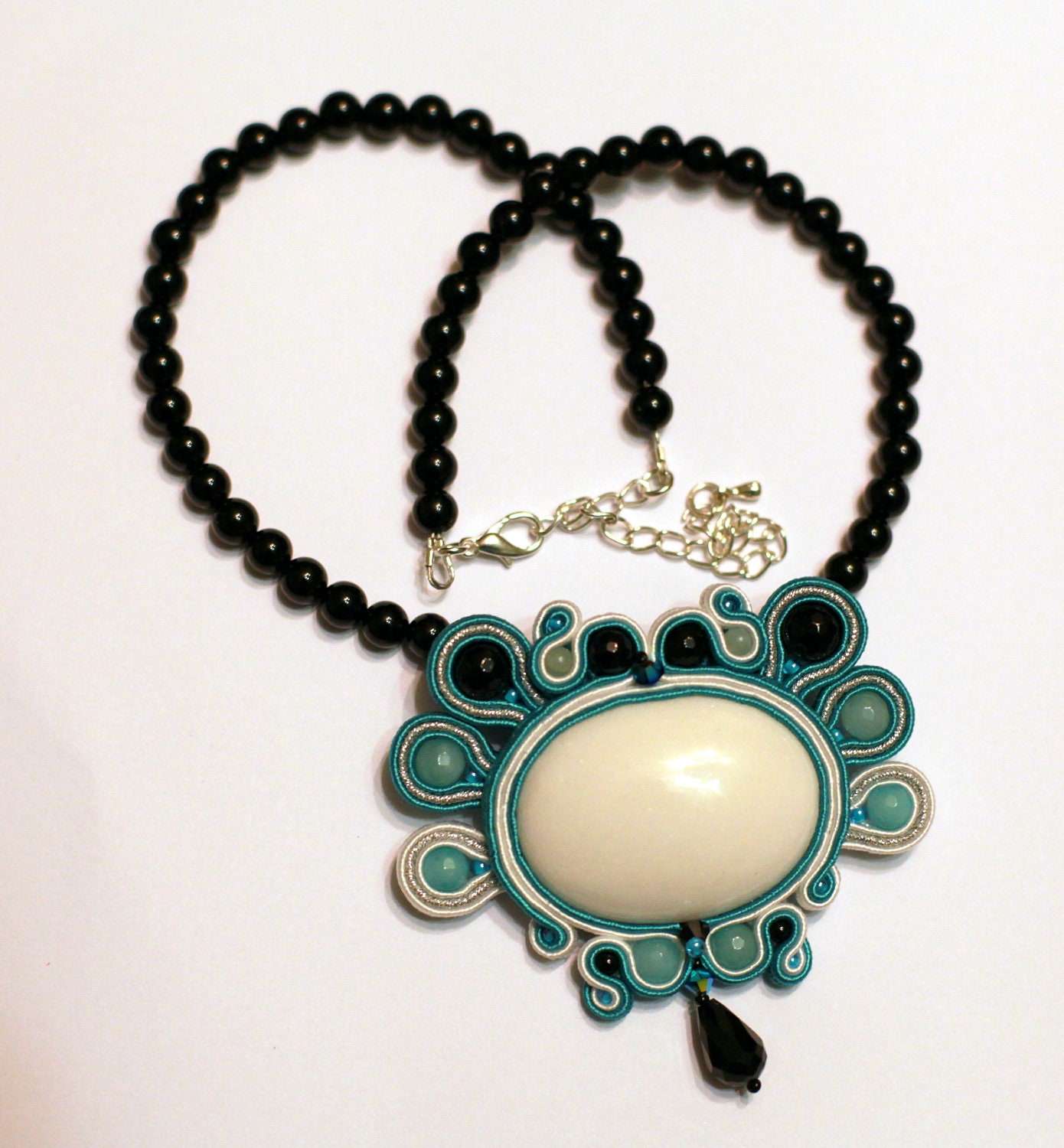 Reserved for Margery. Soutache brooch (remade to necklace)"Freedom" with amazonite, onyx, glass beads, jade cabochon, searovski crystals