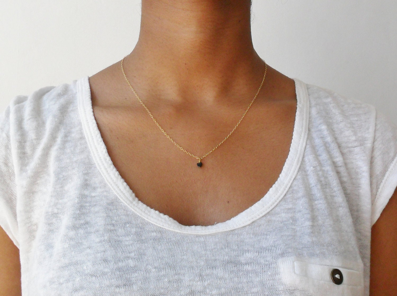 Tiny black silver grey hematite gemstone heart pendant on 14ct gold filled chain