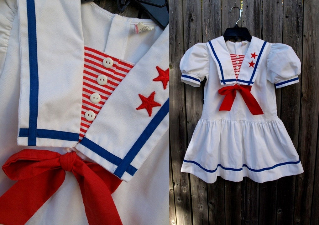 Vintage girls white Stars and Stripes SAILOR Dress 6X