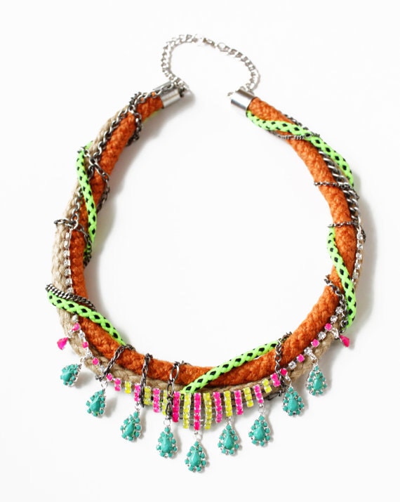 Kershaw, Neon Statement Necklace, tribal necklace, raw ropes with chains and hand painted rhinestones. OOAK