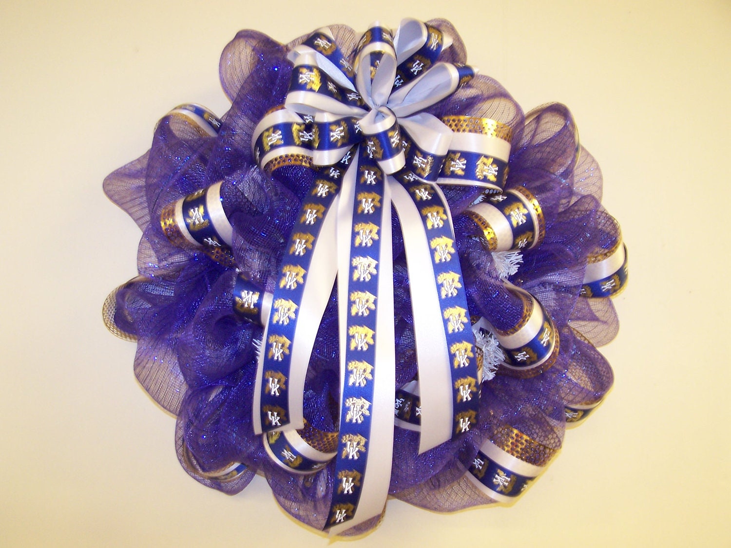 University of Kentucky Wildcats Blue and White Poly Deco Mesh Large 26-inch Door Decor Wreath with Licensed Collegiate Team Ribbon