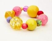 Chunky bracelet, summer colours, lemon yellow, with pink, lime green, lilac, random, organic, bubble, Flintstone.