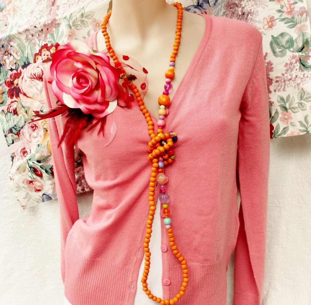 Long bead necklace, orange beaded rope necklace, lilac, mint and pink highlights, boho, contemporary beadwork