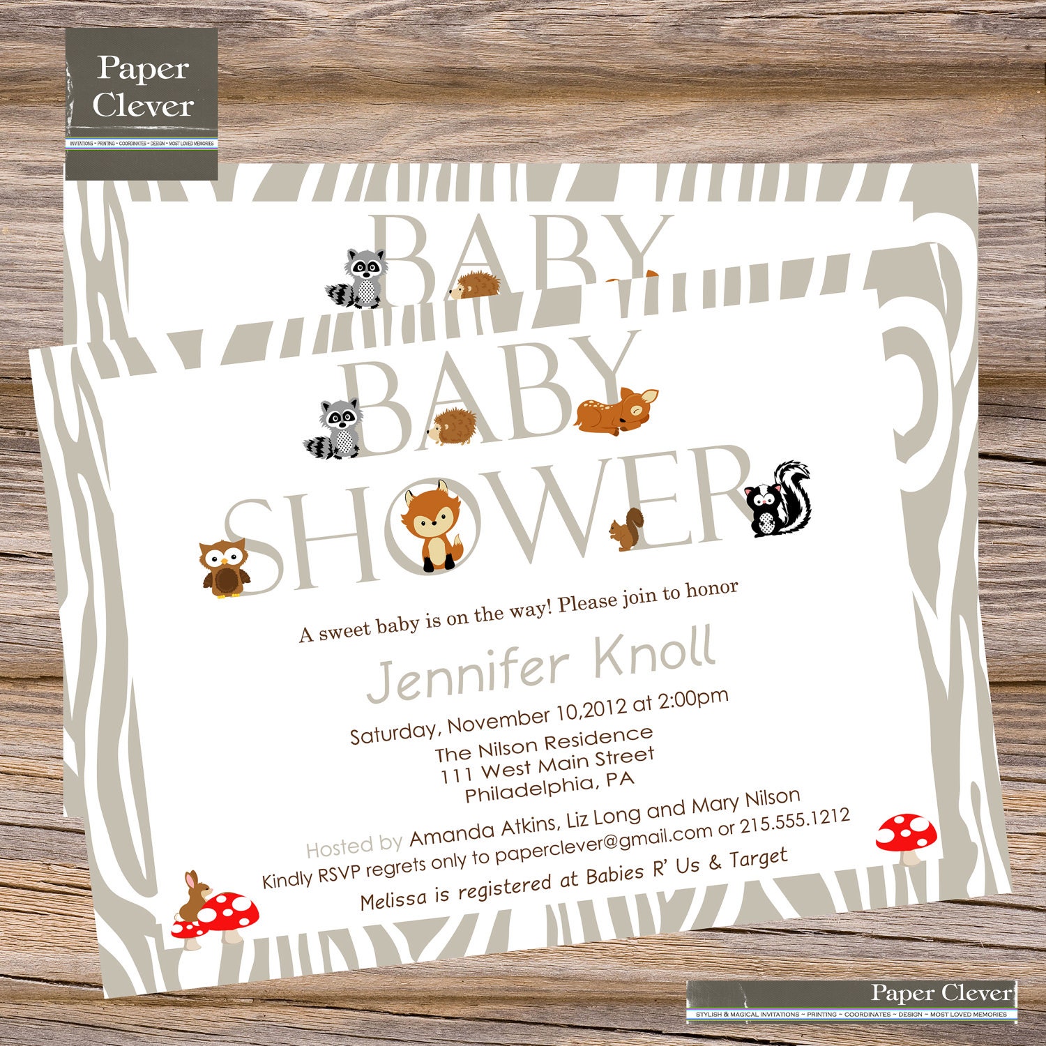 Baby Shower Invitation Modern Woodland Animal digital file, printable Il_170x135