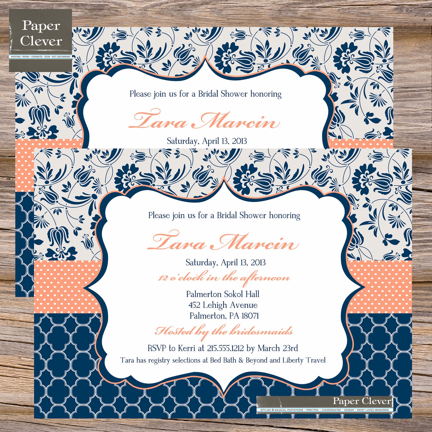 Bridal Shower Invitation Navy blue & coral - digital file, printable
