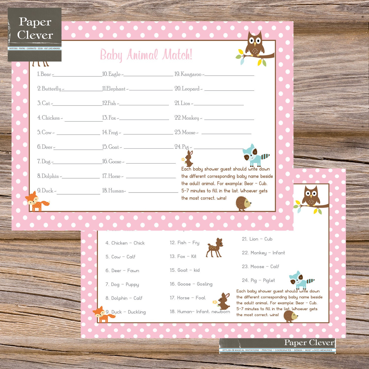 Baby Shower Game Animal Match, woodland, girls - instant download #1709 Il_570xn