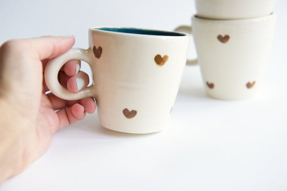 Brown and Teal Ceramic Cup- heart design by RossLab