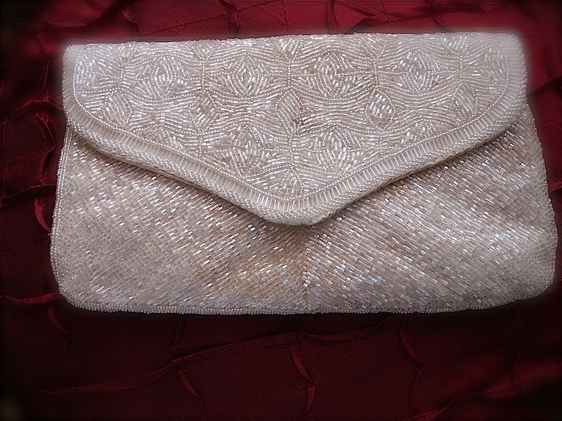 Vintage Ivory beaded clutch, off white beaded purse, evening beaded clutch