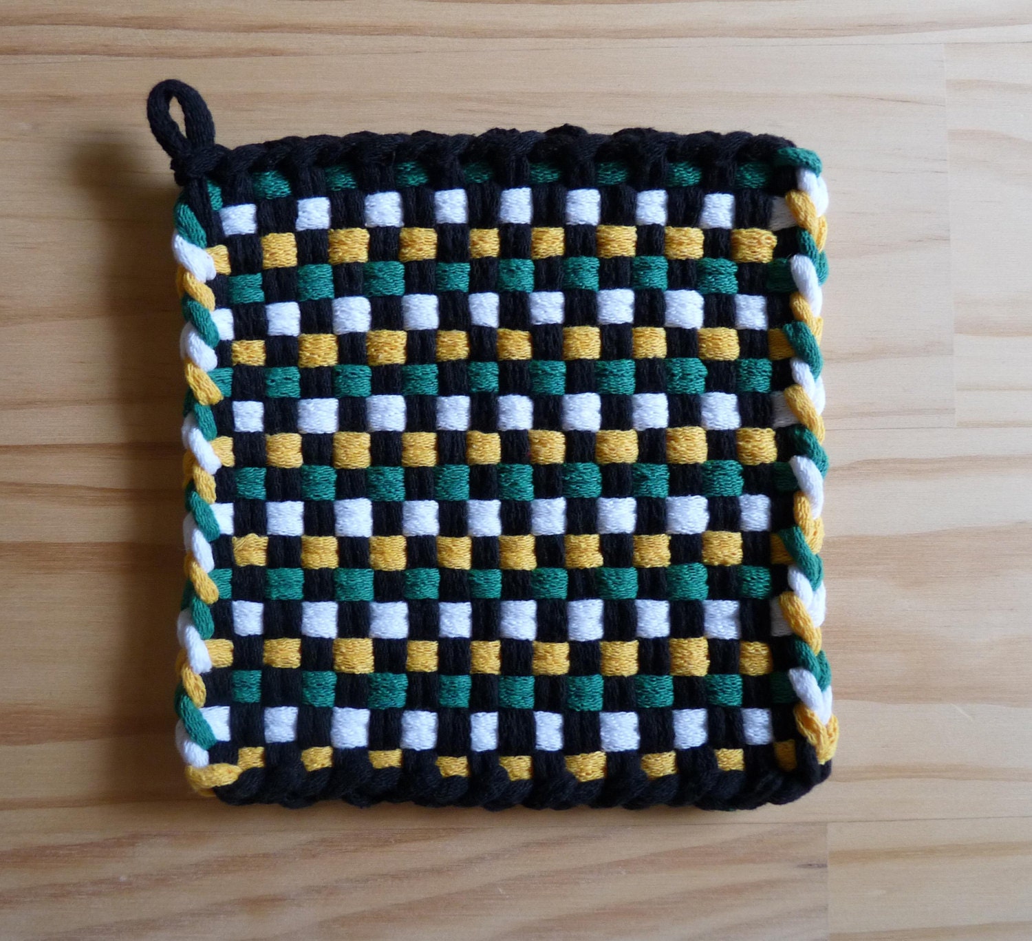John Deere Colors And Black Checkerboard Vintage Pattern Woven Cotton Loop Loom Potholder Modern Farmhouse Kitchen Loft Style