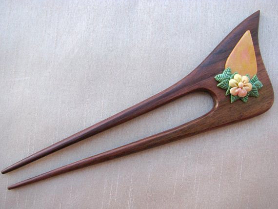 Handcarved rose wood and polymer clay hair fork "Sunset clouds"