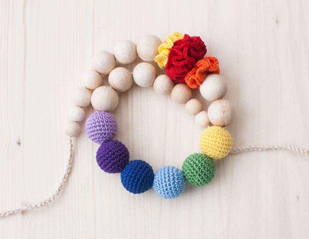 Rainbow nursing necklace / Teething necklace / Crochet nursing necklace with flowers - Multicolor, Colorful, Bright