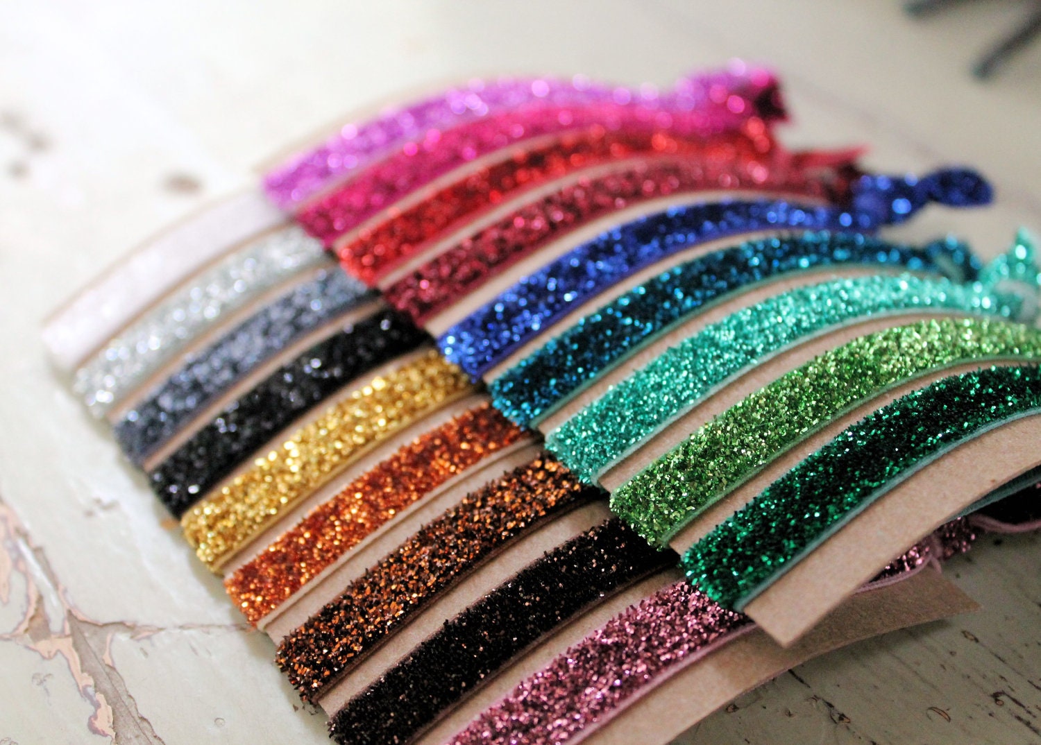 18 Glitter Elastic Hair Ties  - Knotted Hair Ties - Ponytail Holders - one of each color