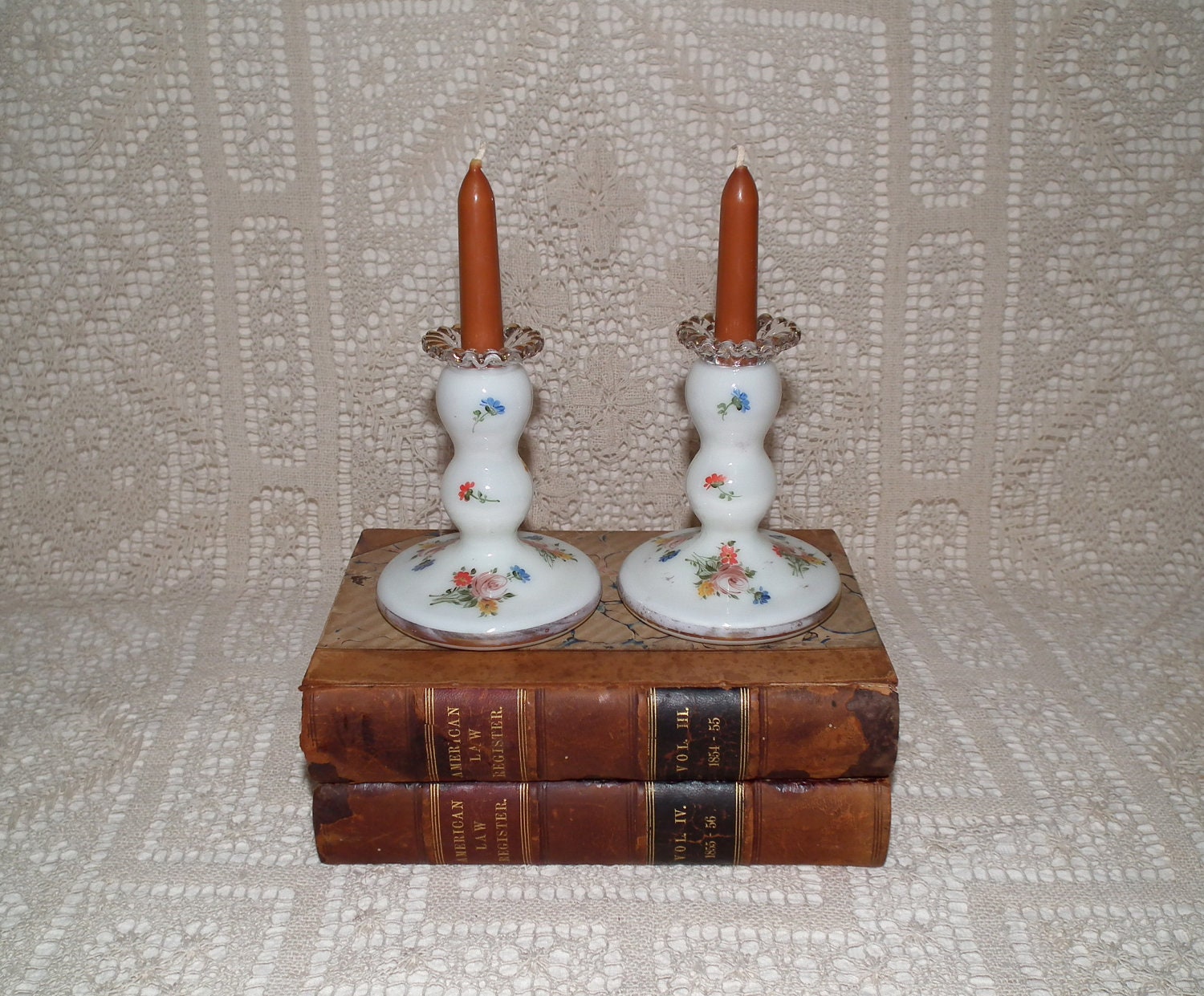 Pair of candle holders - handpainted milk glass - floral white blue green orange yellow gold