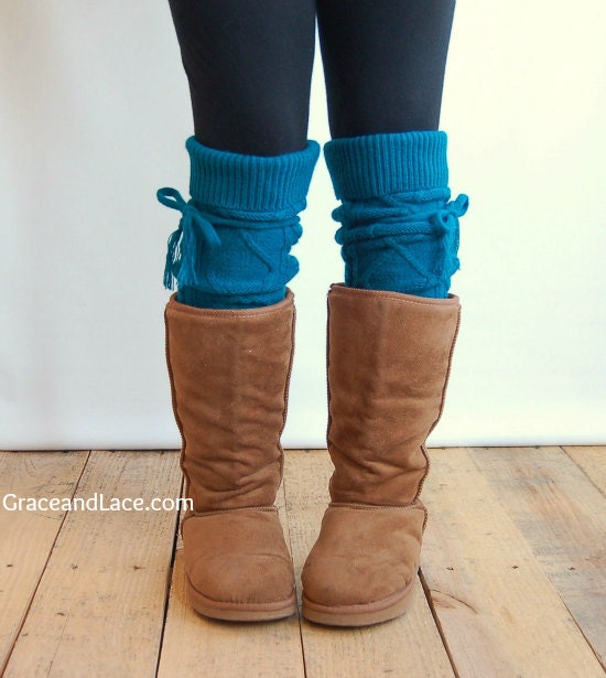 Alpine Thigh High Slouch Sock - WINTER TEAL thick cable knit socks with fold over cuff and tassel tie - boot sock leg warmer (item no. 6-18)